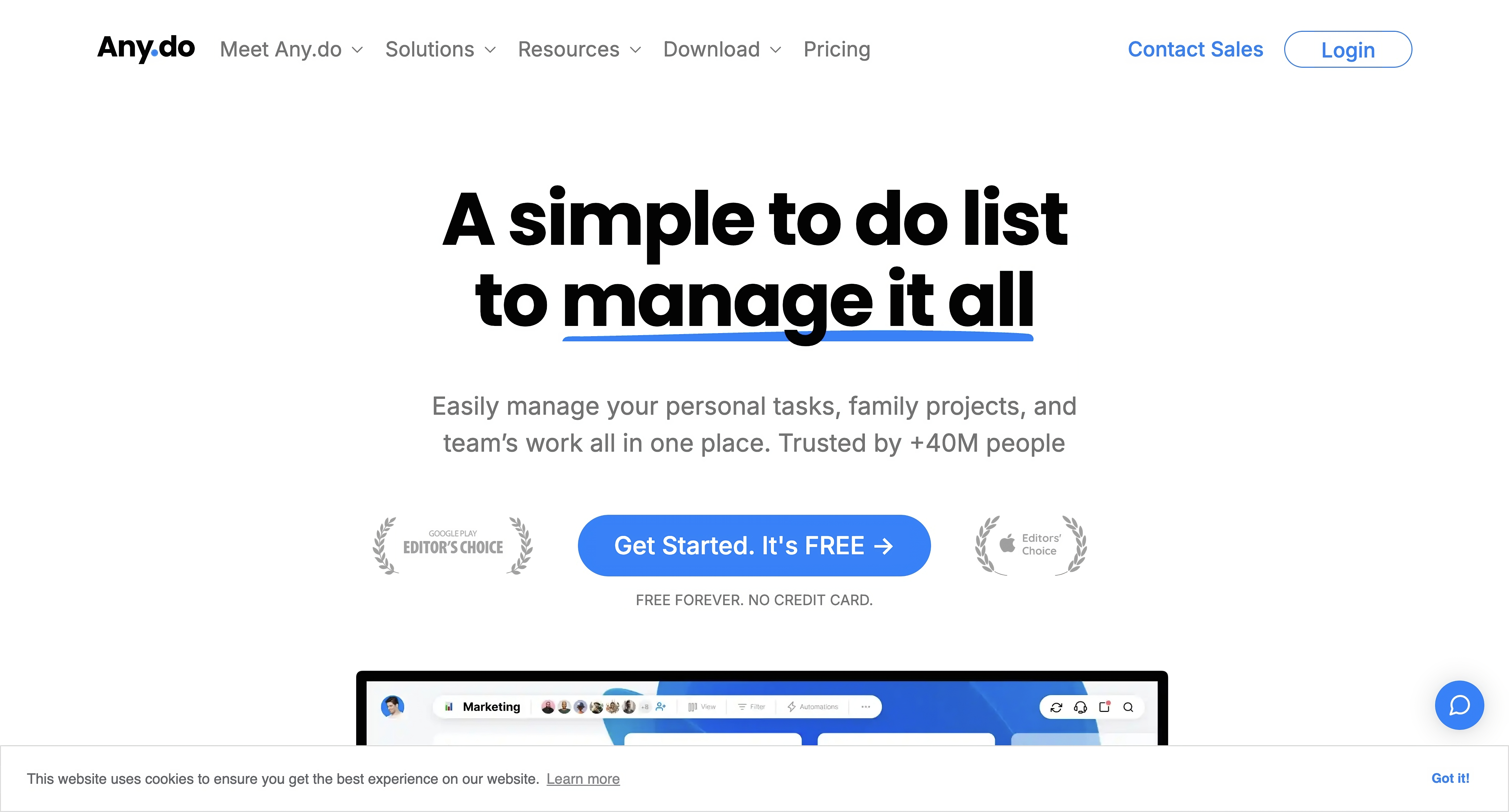 Screenshot from Any.do homepage showing it is the go-to tool for task lists.