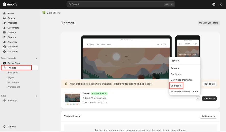Shopify admin dashboard screenshot-"themes" and "Edit code" buttons