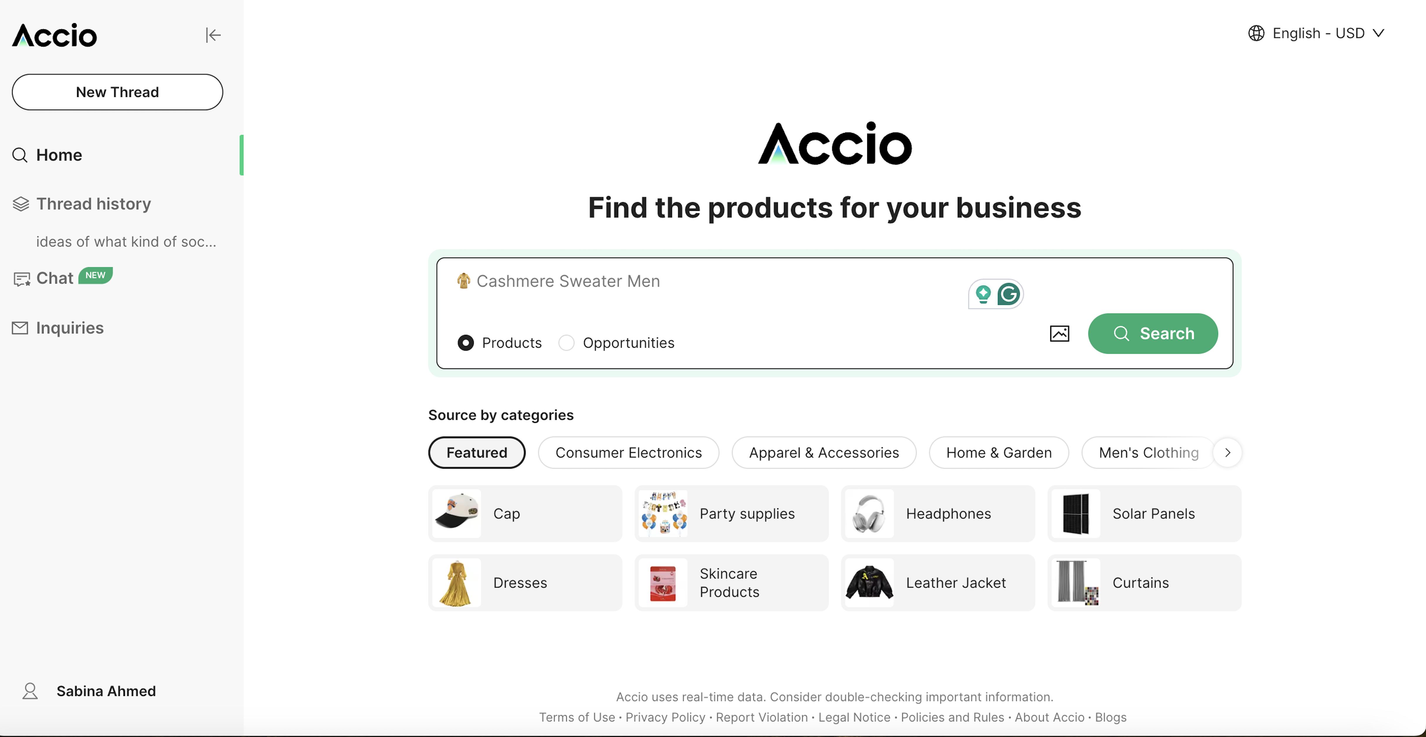 Screenshot of Accio online platform homepage, which is the world's first sourcing engine.